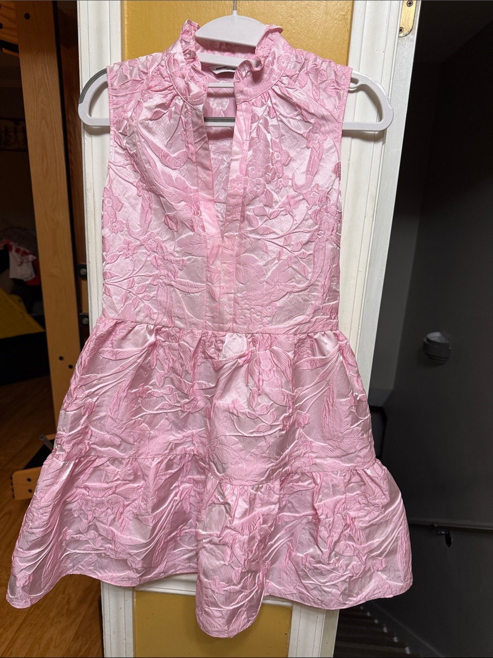 Amanda Uprichard XS Pink Floral Jacquard Mini Dress Ruffle Collar sleeveless